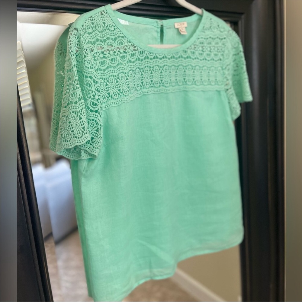 Talbots Seafoam Lace Yoke Short Sleeve Blouse